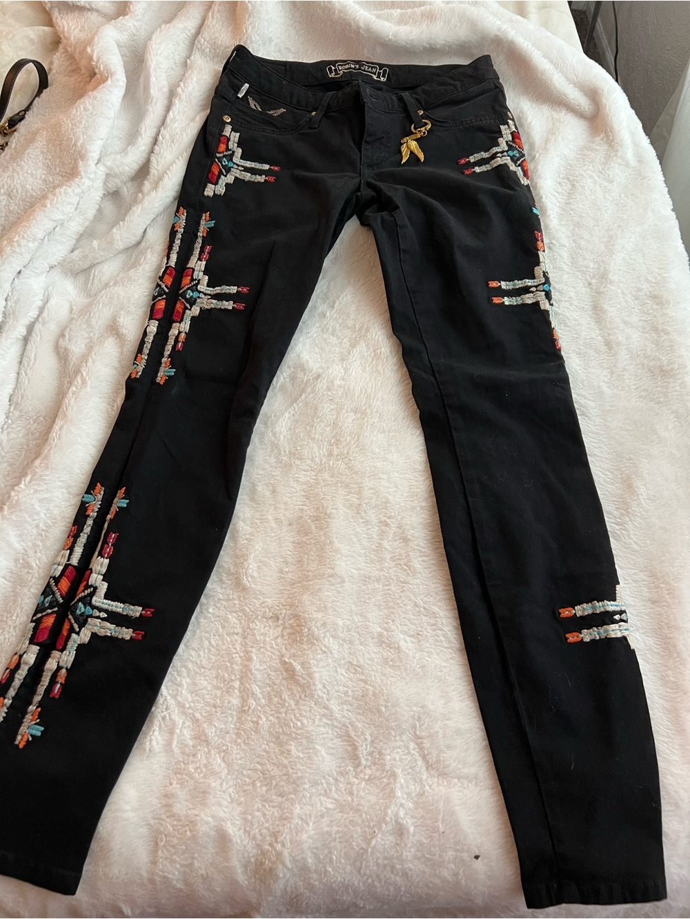 Robin's Jean Black Skinny Pants with Multicolor Embroidered Navajo Accents